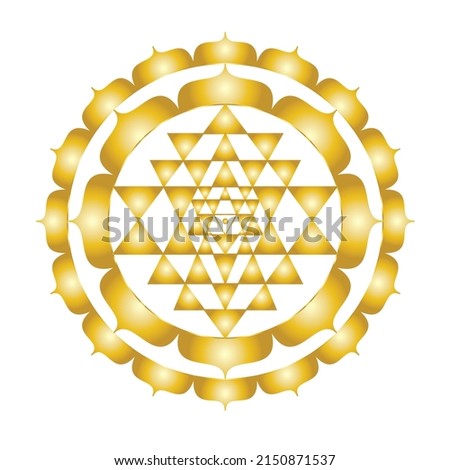 The Shri Yantra nice triangles, lotus gold mystical diagram the “queen of yantras”, isolated on white background. Sri Yantra forms a unity, the divine masculine and divine feminine in erotic embrace.