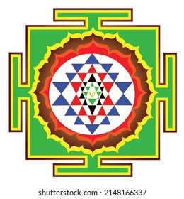 Die Shri Yantra Original Farben mystische Diagramm die "Königin der Yantras", Evolution des Multiversums als Ergebnis des natürlichen Göttlichen Willens. Einzeln auf weißem Hintergrund.