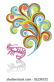 Shrimp in abstract collage. Format A4. Vector illustration. Isolated groups and layers. Global colors.