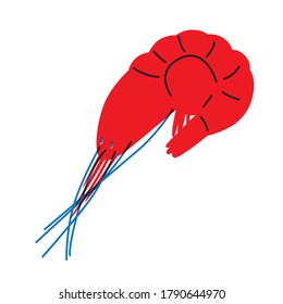 La mano de camarón rojo dibuja el vector sobre el fondo blanco en estilo moderno. Establecer una ilustración aislada de los alimentos marinos 