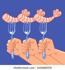 shrimp appetizer seafood. Comic cartoon pore art retro vector kitsch vintage