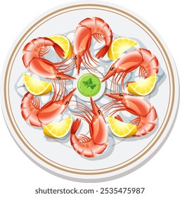 Shrimp arranged with lemon slices on a plate