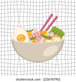 Shrimp asian food ramen soup with prawns and onions. Perfect for tee, stickers, menu and stationery. Vector illustration for decor and design.



