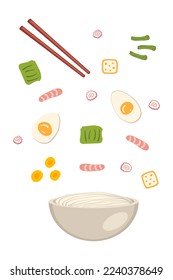 Shrimp asian ramen soup ingredients falling into a bowl of noodles. Perfect for tee, stickers, menu and stationery. Vector illustration for decor and design.



