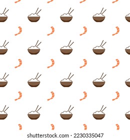 Shrimp and bowl with rice, seamless pattern, vector. Pattern of shrimp and bowls with rice.
