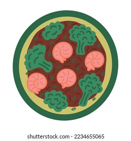 Shrimp and Broccoli with brown sauce - Chinese traditional dish. Simple hand drawn doodle vector illustration. Asian food plate