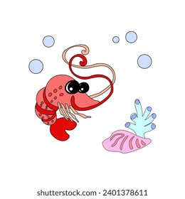 Shrimp with bubbles and algae in the ocean. For posters, prints on clothes. Vector