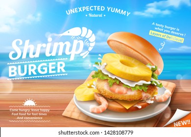 Shrimp burger ads on summer ocean background in 3d illustration