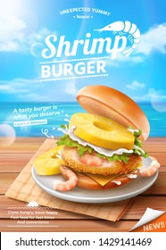 Shrimp burger ads on summer ocean background in 3d illustration