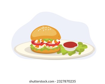 Garnelenburger mit Ketschup und Salat auf Teller. Meeresfrüchte. leckeres Fastfood. Vektorgrafik