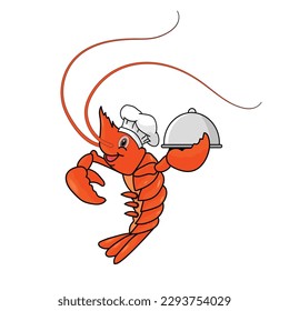 Shrimp with a cartoon chef costume. Seafood logo. The chef cooks .Grilled shrimp