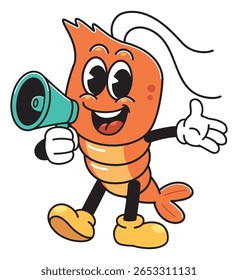 Mascote de desenho animado de camarão segurando um megafone, gritando ou anunciando algo com emoção.