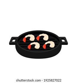 Shrimp cartoon vector. Shrimp on a Pan vector. Shrimp logo design. Sea food logo.