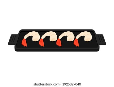 Shrimp cartoon vector. Shrimp on a Pan vector. Shrimp logo design. Sea food logo.