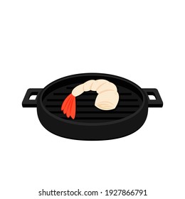 Shrimp cartoon vector. Shrimp on a Pan vector. Shrimp logo design. Sea food logo.