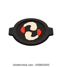 Shrimp cartoon vector. Shrimp on a Pan vector. Shrimp logo design. Sea food logo.