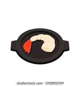 Shrimp cartoon vector. Shrimp on a Pan vector. Shrimp logo design. Sea food logo.