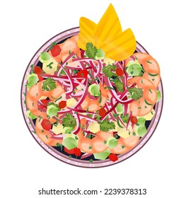 Shrimp Ceviche served on plate. Latin American food top view. Colorful vector illustration isolated on white background.