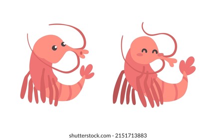 Shrimp Character as Aquatic Mammal with Funny Face Vector Illustration Set