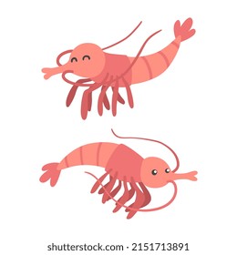 Shrimp Character as Aquatic Mammal with Funny Face Vector Illustration Set