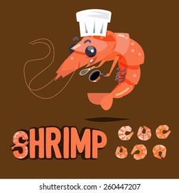 shrimp chef character design with boil and dried shrimp ready to cook - vector illustration