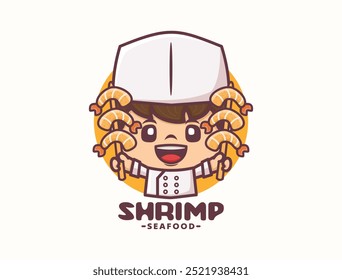 Diseño de la Plantilla del logotipo de la mascota del chef del camarón, Ilustración vectorial en estilo del contorno.