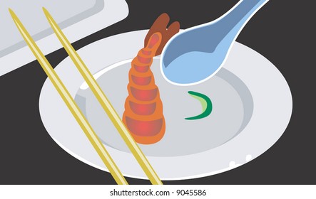  shrimp with chopstick in a plate	