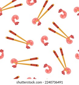 Shrimp in chopsticks seamless pattern. Cooked tiger prawn. Asian food background. Perfect for restaurant cafe and print menus. Vector hand draw cartoon illustration.