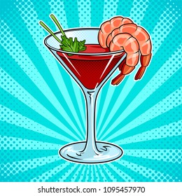 Shrimp Cocktail With Glass Pop Art Retro Vector Illustration. Comic Book Style Imitation.