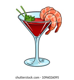 Shrimp Cocktail With Glass Pop Art Retro Vector Illustration. Isolated Image On White Background. Comic Book Style Imitation.