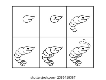 Shrimp. Coloring book for children. Step by step drawing.