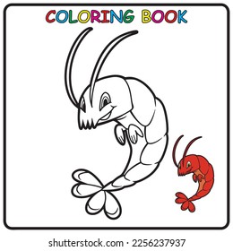 Shrimp coloring page with colorful examples for a children's book. Vector illustration. fantastic coloring activity for kids and toddlers