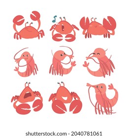 Shrimp and Crab Character as Aquatic Mammal with Smiling Face Vector Set