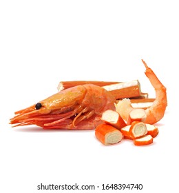 Shrimp and crab sticks low poly. Fresh, nutritious, tasty crab sticks and prawn. Seafood delicacies. Vector illustration. Shrimp and crab sticks in triangulation technique.