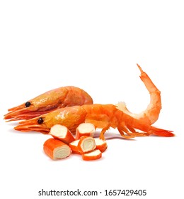 Shrimp and crab sticks low poly. Fresh, nutritious, tasty crab sticks and prawn. Seafood delicacies. Vector illustration. Shrimp and crab sticks in triangulation technique.