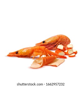 Shrimp and crab sticks low poly. Fresh, nutritious, tasty crab sticks and prawn. Seafood delicacies. Vector illustration. Shrimp and crab sticks in triangulation technique.