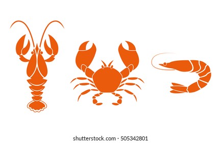 Shrimp, crawfish and crab icons. Seafood design elements. Vector illustration.