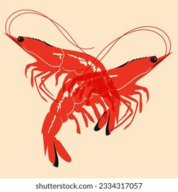 Shrimp. Design for print, sticker, party decoration, logo, emblem, magazine prints or journal article, t-shirt design, poster. Vector illustration with Riso print effect