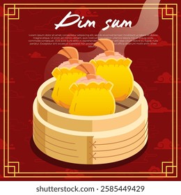 Shrimp Dim sum in a bamboo steamer with a red cloud Chinese background vector illustration