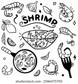 Shrimp in doodle style drawn with black line: shrimp in plate, heart shape, lemon, garlic, sushi, lettering