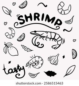 Shrimp in doodle style drawn with black line: shrimp with lemon and arugula, lemon, garlic, sushi, lettering