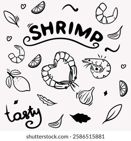 Shrimp in doodle style drawn with black line: shrimp in the shape of a heart, with lemon and arugula, lemon, garlic, sushi, lettering