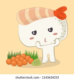 Shrimp Ebi Nigiri Sushi vector cartoon illustration. Japanese food vector cartoon. Cute sushi monster.