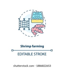 Shrimp farming concept icon. Luxury healthy foods creation. Sea animals growth. Ocean foods. Aquaculture idea thin line illustration. Vector isolated outline RGB color drawing. Editable stroke