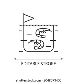 Shrimp farming linear icon. Prawn commercial production and breeding. Seafood industry. Thin line customizable illustration. Contour symbol. Vector isolated outline drawing. Editable stroke