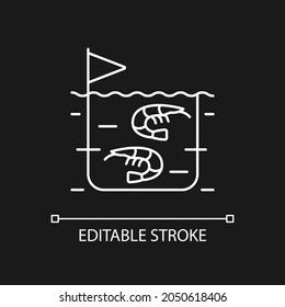 Shrimp farming white linear icon for dark theme. Prawn commercial production and breeding. Thin line customizable illustration. Isolated vector contour symbol for night mode. Editable stroke