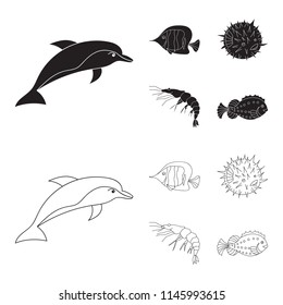 Shrimp, fish, hedgehog and other species.Sea animals set collection icons in black,outline style vector symbol stock illustration web.