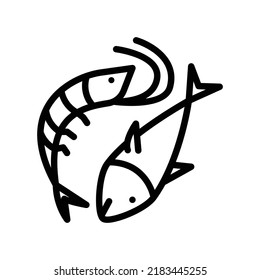 Shrimp and fish icon in black outline style