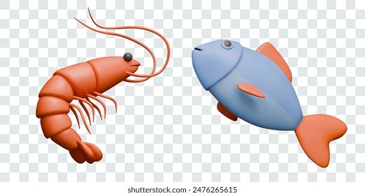 Shrimp and fish. Realistic isolated vector illustration. Templates for marine menu design