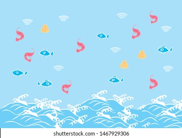 Shrimp, fish, shellfish and wave illustration